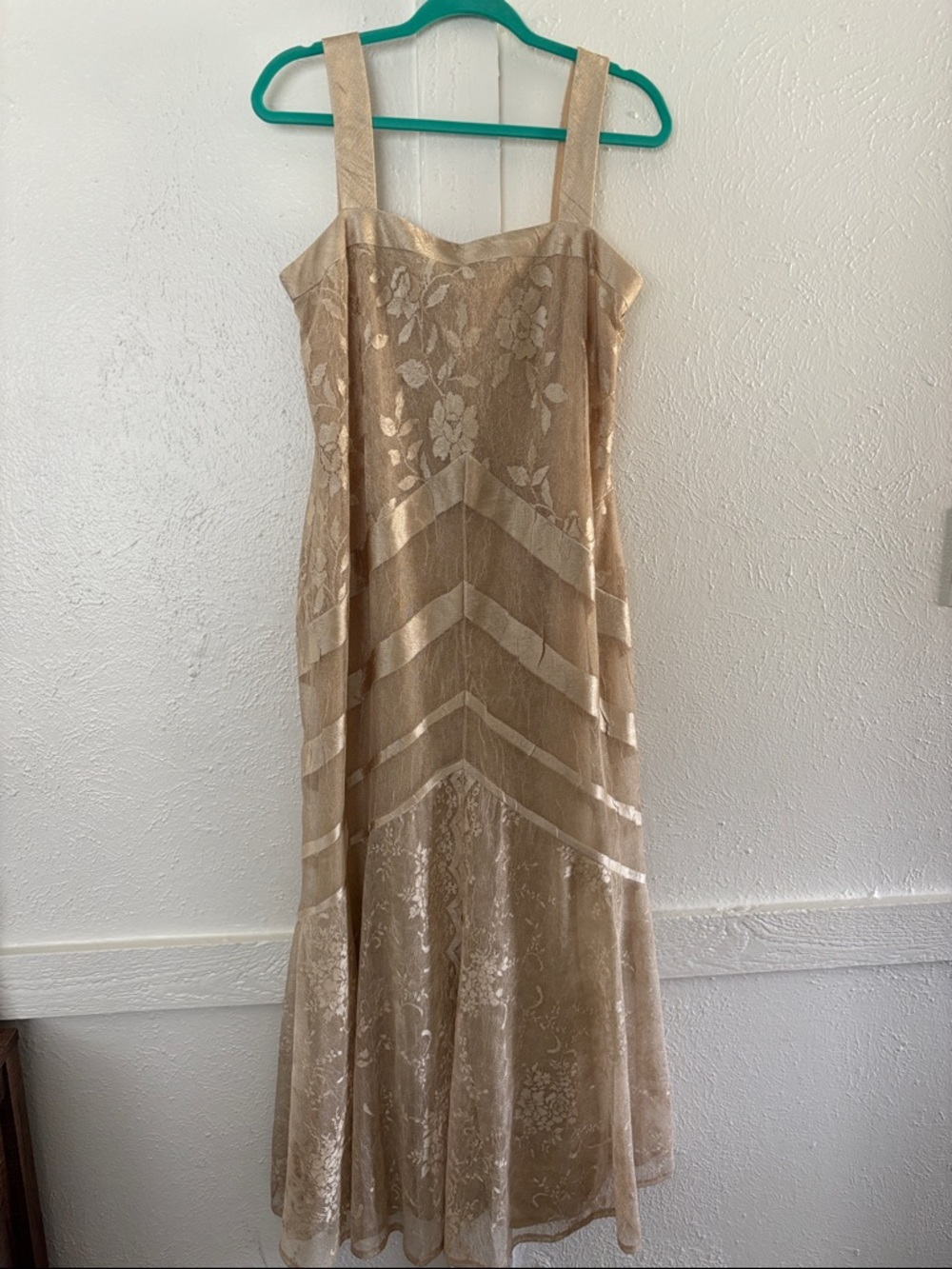 Elegant Gold Floral Lace Maxi Dress with Wide Straps